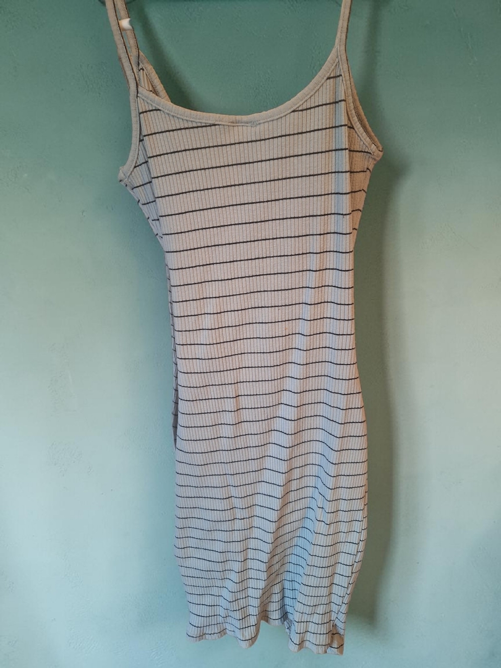 Striped Ribbed Spaghetti-Strap Mini Dress in Cream and Black
